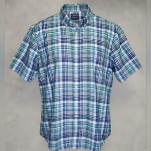 ​CHAPS NWOT Linen Cotton Plaid Button-Down Shirt XXL Blue Green  Short Sleeve